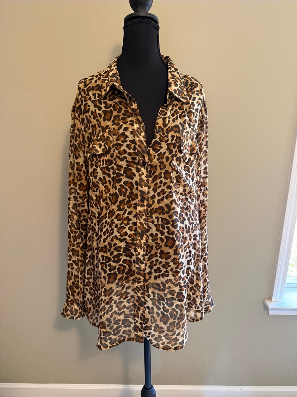 Leopard Print Long Sleeve Button-Front Chiffon Blouse